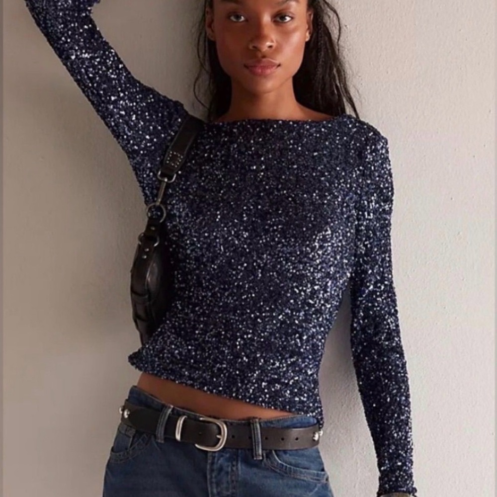 Free People Leading the Way Top, Glittering Midnight Long Sleeve Top